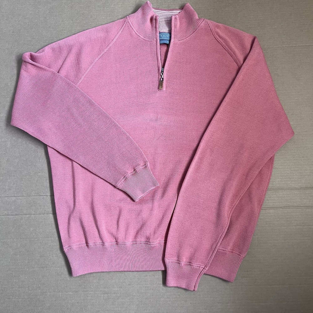Talbots Sweater Mens XL Knit Pullover Quarter Zip Salmon Color Silk Cotton Blend